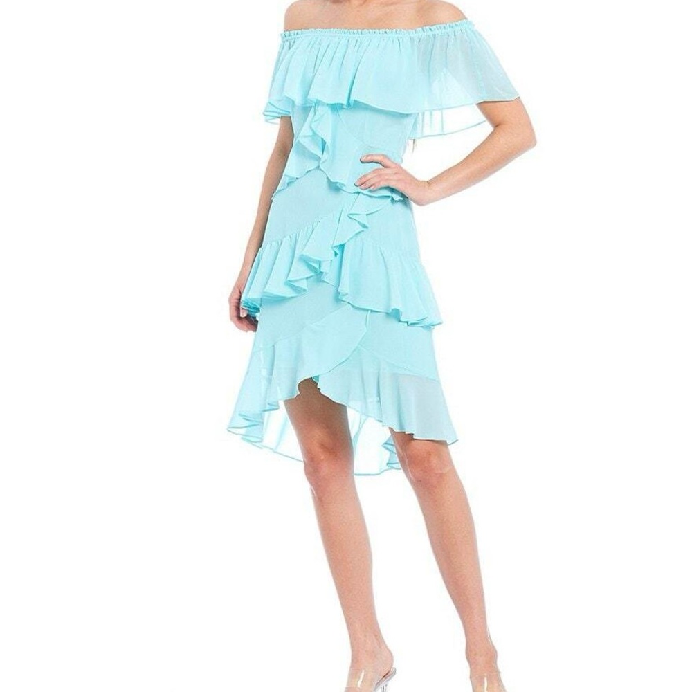 Badgley Mischka Asymmetrical Ruffle Dress in Aqua
